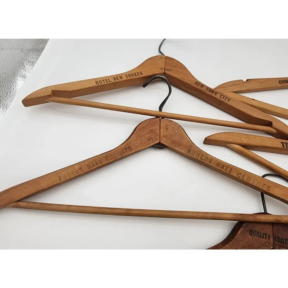 Vtg Lot of 5 Wood Coat Hangers Hotel Dept Store Advertising Syracuse New Yorker
